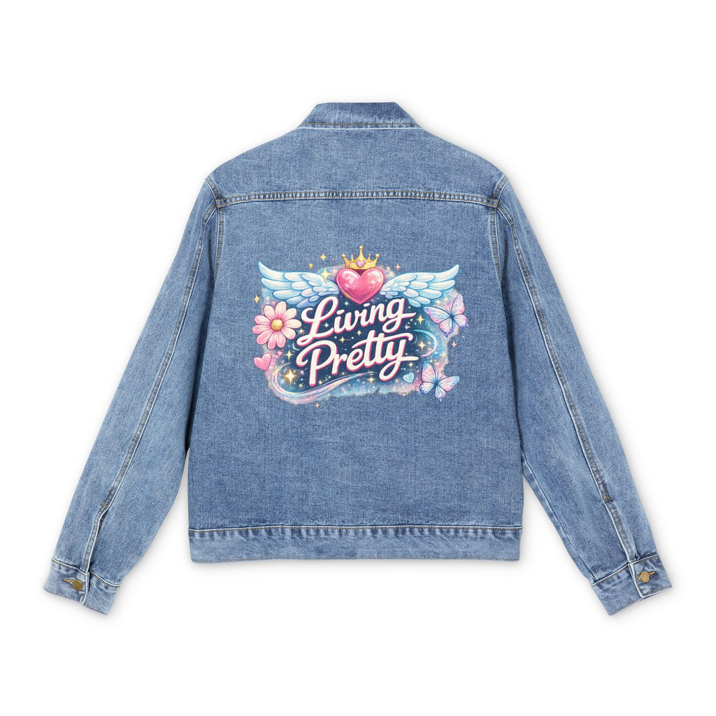 Denim Jacket — 'Living Pretty' Embroidered Back Patch, Floral Winged Retro Design
