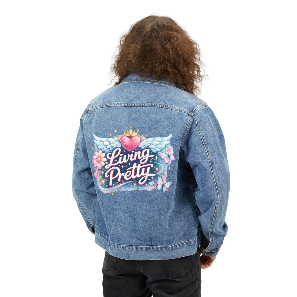 Denim Jacket — 'Living Pretty' Embroidered Back Patch, Floral Winged Retro Design